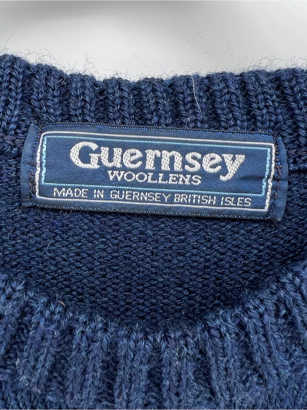 Vintage Guernsey Woollens Navy Blue Wool Fisherman Sweater Monogram K Sz L Prep